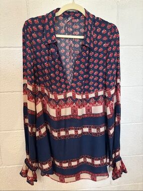 Free People Navy Blue and Red Printed Long-Sleeve Tunic